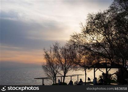 Sunset scene of tree branches and people silhouettes at Paleo Faliro beach in Athens, capital of Greece