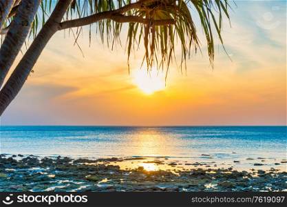 Sunset sea and beach with coconut palm tree and sunset sun on dramatic sky