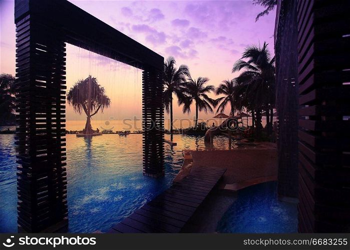 sunset sea beach palms pool