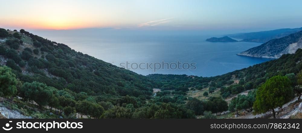 Sunset summer coastline landscape ( Kefalonia, Greece). Panorama.