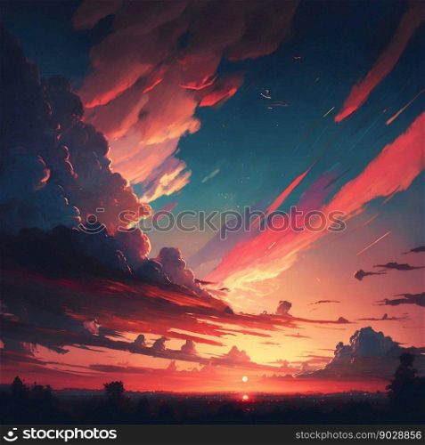 Sunset sun with clouds. Generative AI. High quality illustration. Sunset sun,clouds, horizon. Generative AI