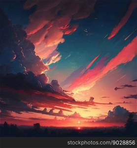 Sunset sun with clouds. Generative AI. High quality illustration. Sunset sun,clouds, horizon. Generative AI