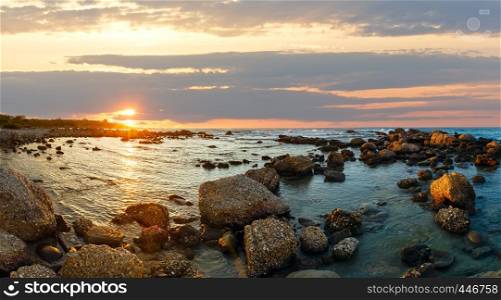 Sunset view from beach. Summer coastline, Greece, Lefkada