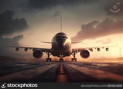 Sunset view of airplane on airport runway under dramatic sky. Neural network AI generated art. Sunset view of airplane on airport runway under dramatic sky. Neural network AI generated