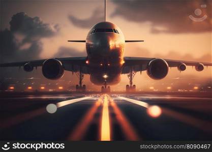 Sunset view of airplane on airport runway under dramatic sky. Neural network AI generated art. Sunset view of airplane on airport runway under dramatic sky. Neural network AI generated