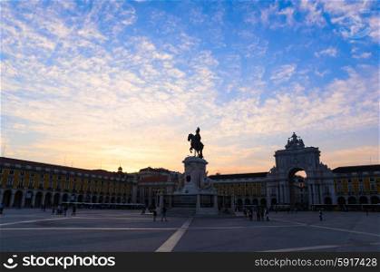 sunset view of Commerce Square in Lisbon, Portugal