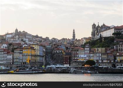 sunset view of Douro river and skyline of Porto, Portugal