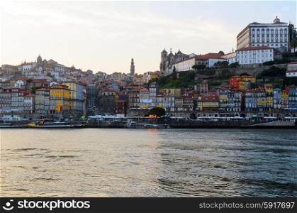 sunset view of Douro river and skyline of Porto, Portugal