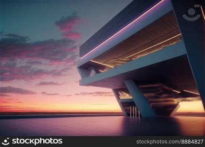 Sunset view of empty balcony floor on corridor of modern building exterior. Peculiar AI generative image.. Sunset view of empty balcony floor on corridor of modern building exterior