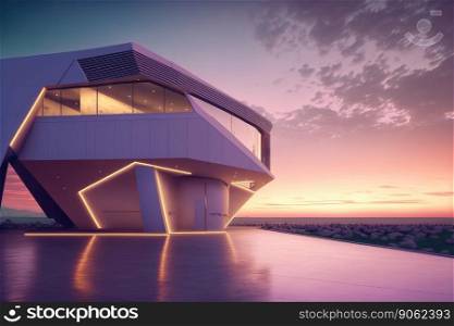 Sunset view of empty balcony floor on corridor of modern building exterior. Peculiar AI generative image.. Sunset view of empty balcony floor on corridor of modern building exterior