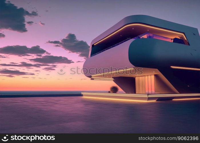 Sunset view of empty balcony floor on corridor of modern building exterior. Peculiar AI generative image.. Sunset view of empty balcony floor on corridor of modern building exterior