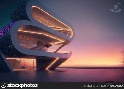 Sunset view of empty balcony floor on corridor of modern building exterior. Peculiar AI generative image.. Sunset view of empty balcony floor on corridor of modern building exterior