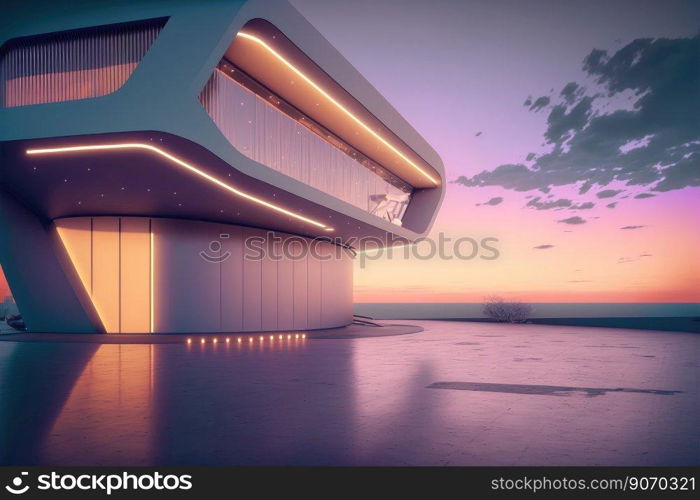 Sunset view of empty balcony floor on corridor of modern building exterior. Peculiar AI generative image.. Sunset view of empty balcony floor on corridor of modern building exterior