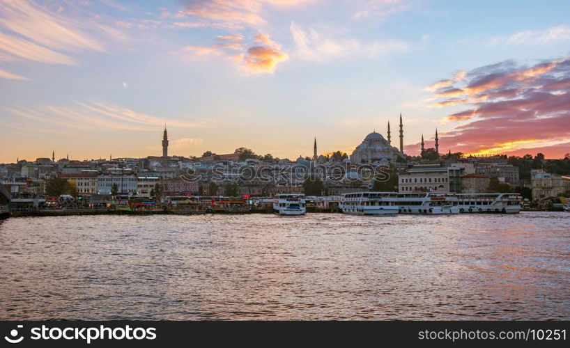 Sunset view of Istanbul port in Istanbul city, Turkey.