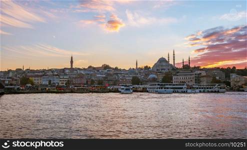 Sunset view of Istanbul port in Istanbul city, Turkey.