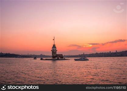 Sunset view of Maiden Tower(Kiz kulesi) in Bosphorus ,Istanbul Turkey