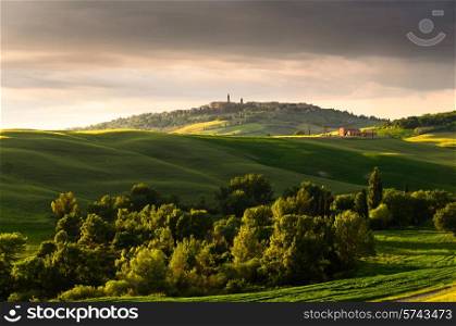 sunset view of Pienza, province of Siena, Val d&#39;Orcia in Tuscany, Italy