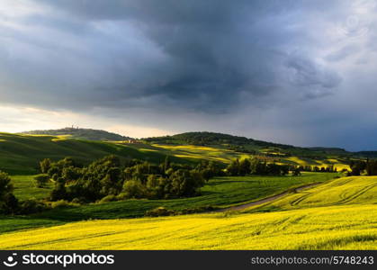 sunset view of Pienza, province of Siena, Val d&#39;Orcia in Tuscany, Italy