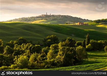 sunset view of Pienza, province of Siena, Val d&rsquo;Orcia in Tuscany, Italy