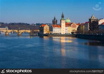 sunset view of Prague old town and Charles bridge, Czech Republic