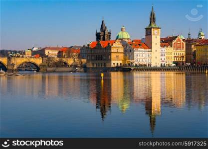 sunset view of Prague old town and Charles bridge, Czech Republic