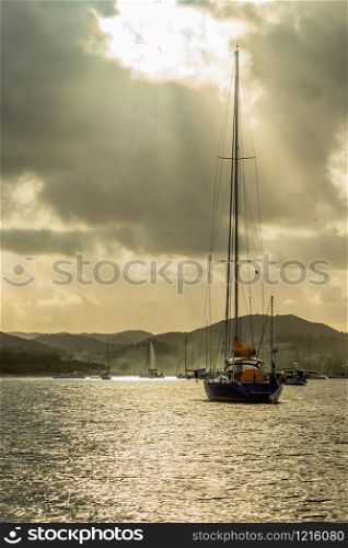 Sunset view of Rodney bay with yachts anchored in the lagoon, Saint Lucia, Caribbean sea