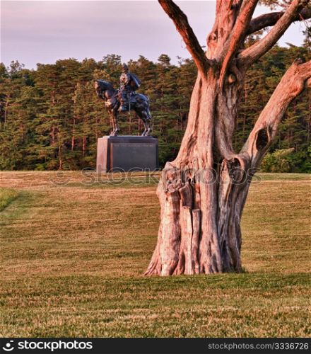 Sunset view of the statue of Andrew Jackson at Manassas Civil War battlefield where the Bull Run battle was fought. The statue was acquired for the nation in 1940. 2011 is the sesquicentennial of the battle