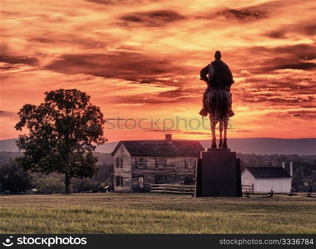 Sunset view of the statue of Andrew Jackson at Manassas Civil War battlefield where the Bull Run battle was fought. Henry House is in the middleground. The statue was acquired for the nation in 1940. 2011 is the sesquicentennial of the battle