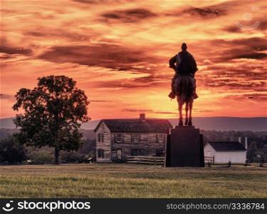 Sunset view of the statue of Andrew Jackson at Manassas Civil War battlefield where the Bull Run battle was fought. Henry House is in the middleground. The statue was acquired for the nation in 1940. 2011 is the sesquicentennial of the battle