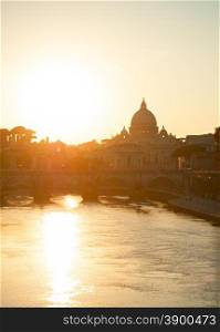 Sunset view of Tiber river and St. Peter&rsquo;s cathedral. Vatican, Rome