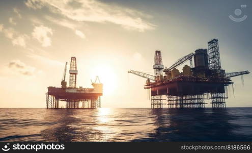 Sunset view with silhouette of an oil rig in the sea. Offshore oil drilling. Generative AI.. Sunset view with silhouette of an oil rig in the sea. Offshore oil drilling. Generative AI