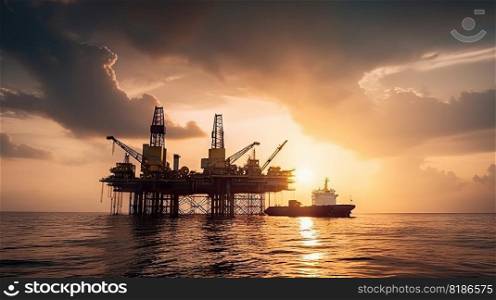 Sunset view with silhouette of an oil rig in the sea. Offshore oil drilling. Generative AI.. Sunset view with silhouette of an oil rig in the sea. Offshore oil drilling. Generative AI