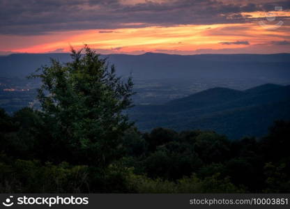 Sunset views of Shenandoah National Park in Virginia from the Pass Mountain Overlook along Skyline Drive.