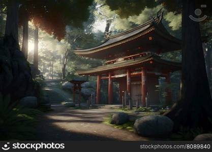 sunset with ancient Chinese gate. Neural network AI generated art. sunset with ancient Chinese gate. Neural network AI generated
