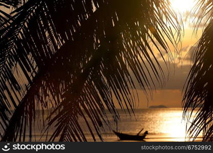 Sunset with boat in the sea and palm tree leaves