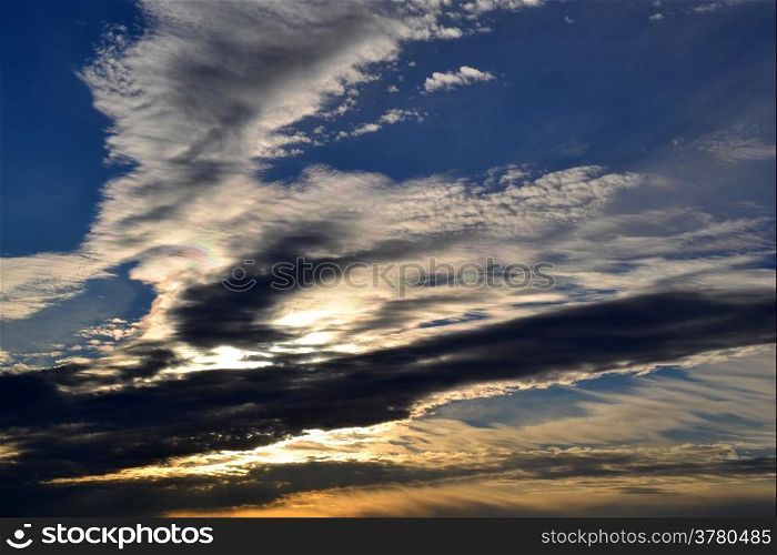Sunset with clouds sky over nature area De Vlietlanden, The Netherlands.