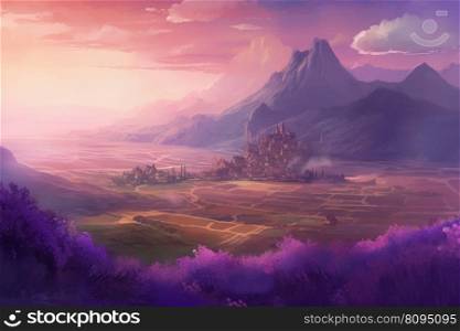 Sunset with landscape lavender. Summer nature. Generate Ai. Sunset with landscape lavender. Generate Ai