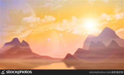 Sunset with mountains and sea at summer. Sunset with mountains and sea