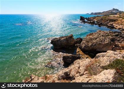 Sunshine paradise sea beach Cala Paradiso and Cala del Re near Rocca di San Nicola, Agrigento, Sicily, Italy