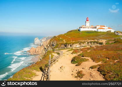 Sunshine seascpe with Cabo da Roca lighthouse view, Portugal