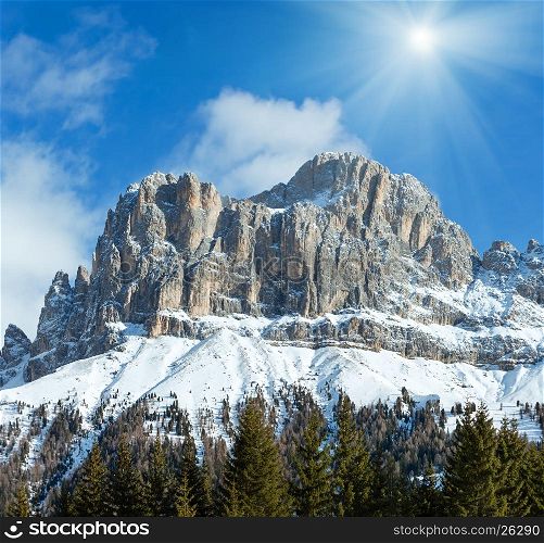 Sunshine winter rocky mountain view from Great Dolomites Road (Grande Giro delle Dolomiti), South Tyrol, Italy.