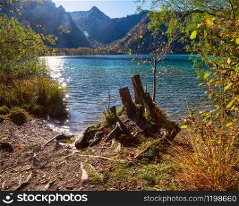 Sunshiny idyllic colorful autumn alpine view. Peaceful autumn Alps mountain lake, Offensee lake, Salzkammergut, Upper Austria. Sunshiny lens flares available.