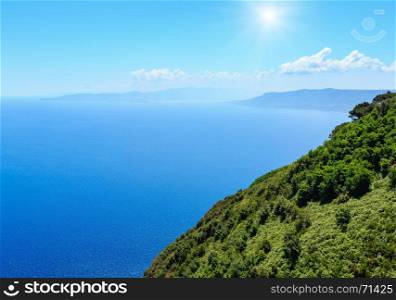 Sunshiny summer picturesque Tyrrhenian sea Calabrian coast view from Monte Sant'Elia (Saint Elia mount, Calabria, Italy) top.