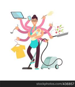 Super busy mother working and cooking simultaneously vector concept. Busy and cooking, mother with baby and work illustration. Super busy mother working and cooking simultaneously vector concept