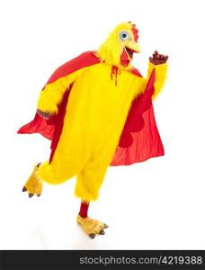 Super chicken takes off to go fight crime. Full body isolated on white.