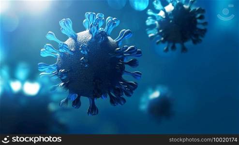 Super closeup Coronavirus COVID-19 in human lung background. Science micro biology concept. Blue Corona virus outbreak epidemic. Medical health virology infection researching. 3D illustration