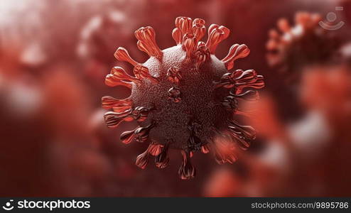 Super closeup Coronavirus COVID-19 in human lung body background. Science and microbiology concept. Red Corona virus outbreak epidemic. Medical health and virology. 3D illustration rendering