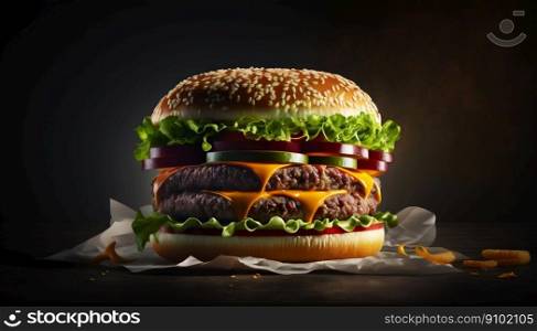 Super delicious hamburger with fresh vegetables on dark background. Generative AI.. Super delicious hamburger with fresh vegetables on dark background. Generative AI