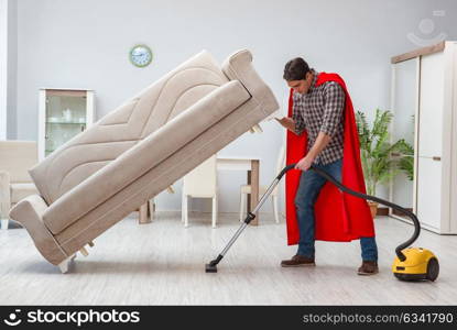 Super hero cleaner working at home