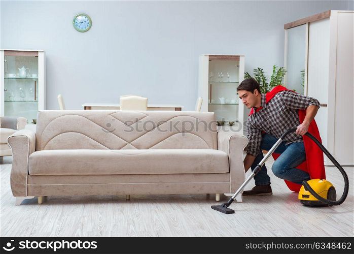 Super hero cleaner working at home